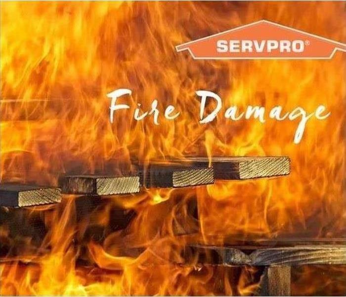 flames everywhere and a SERVPRO logo at the top right with the words "Fire Damage" right below